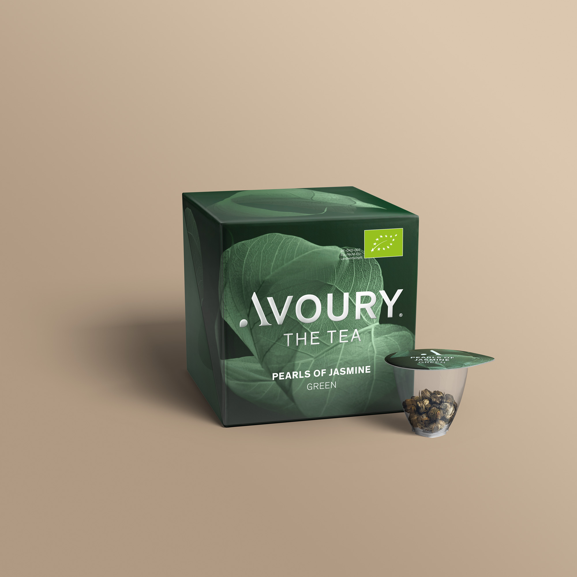 Avoury Pearls of Jasmine Teeverpackung mit Kapsel in 3D-Ansicht